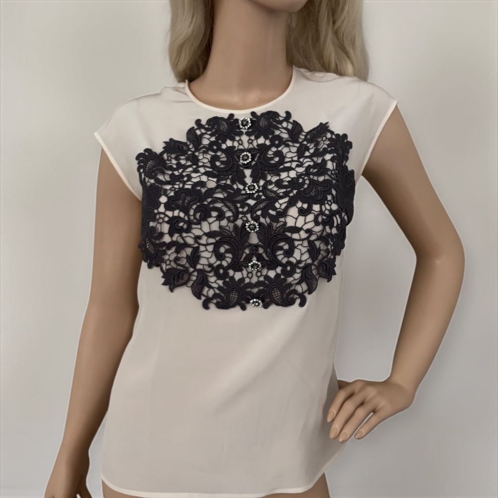 DOLCE & GABBANA Silk Black Lace Appliqué Crystal Embellished Cap Sleeve Blouse - Picture 17 of 17